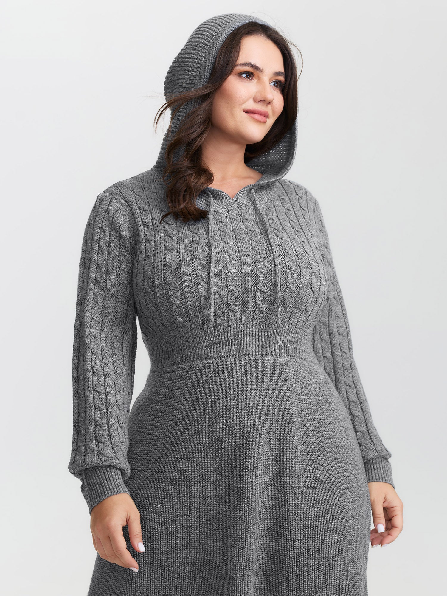 Textured Hooded Waist-Defining Sweater Dress-Sweetccc