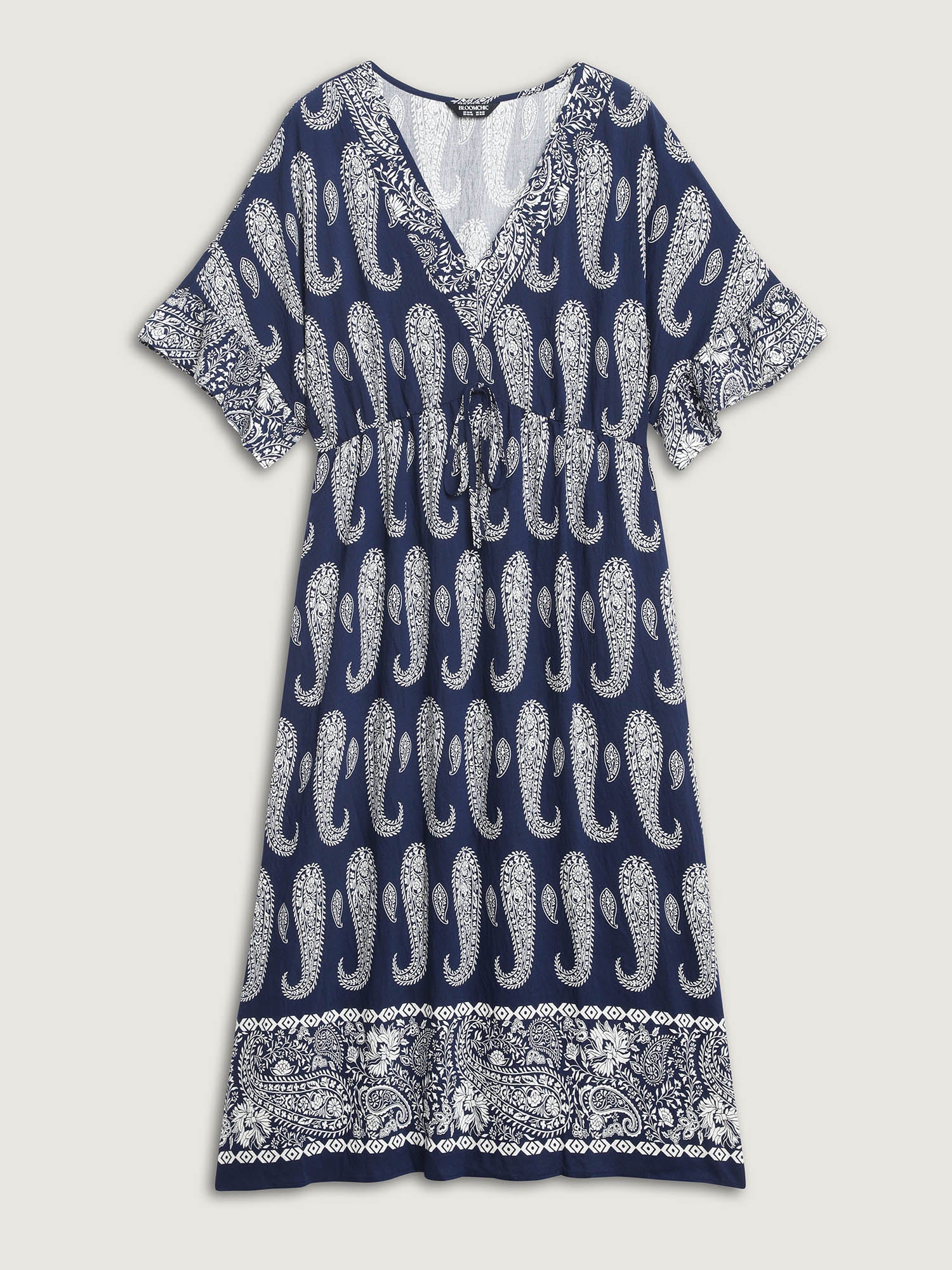 Paisley Print Dolman Ruffled Sleeve Midi Dress-Sweetccc