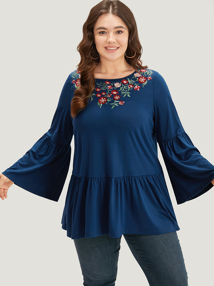 Floral Embroidered Bell Sleeve Crew Neck T-shirt-Sweetccc