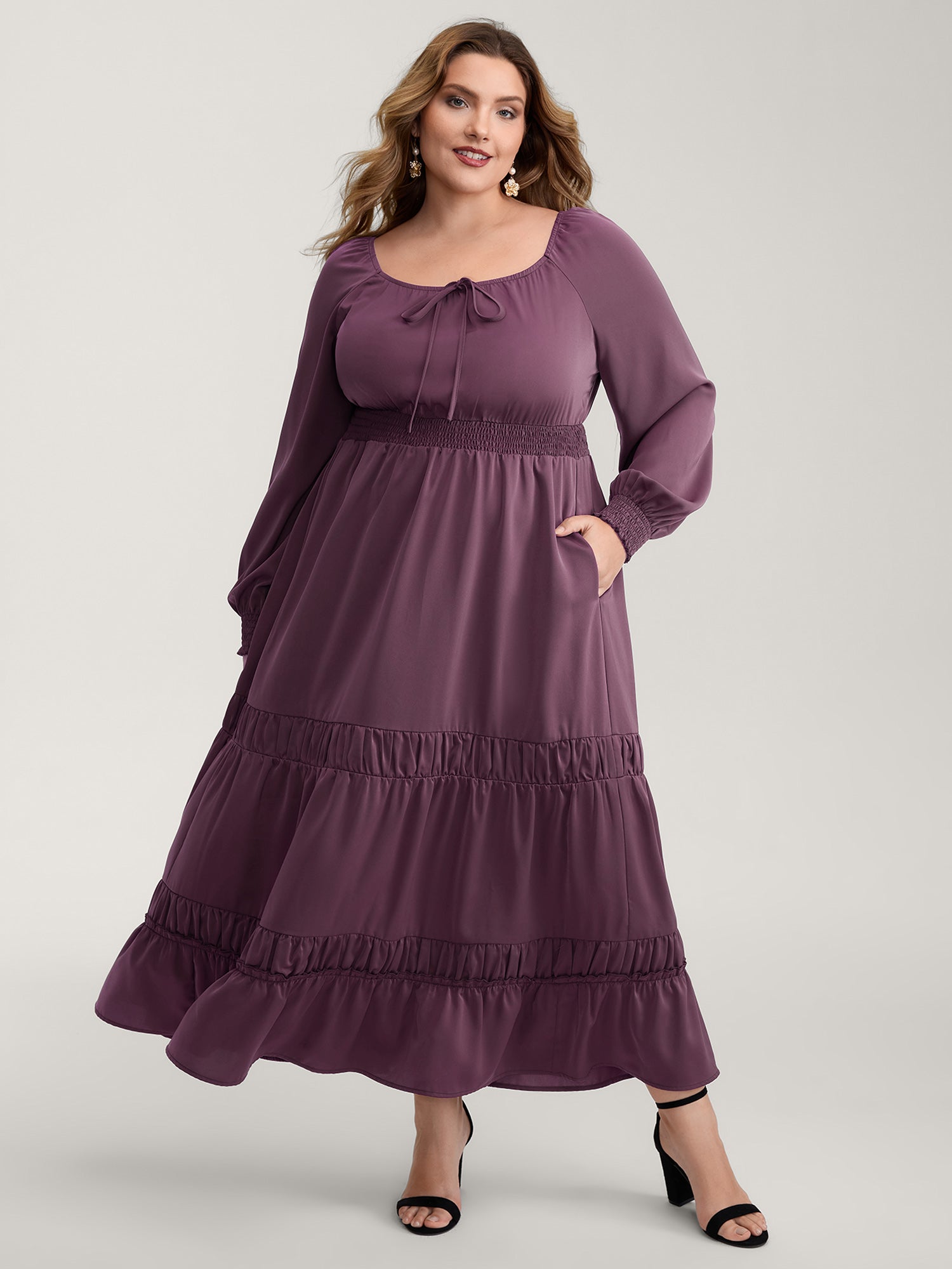 Lotus Leaf Shirred Waist Pockets Maxi Dress-Sweetccc