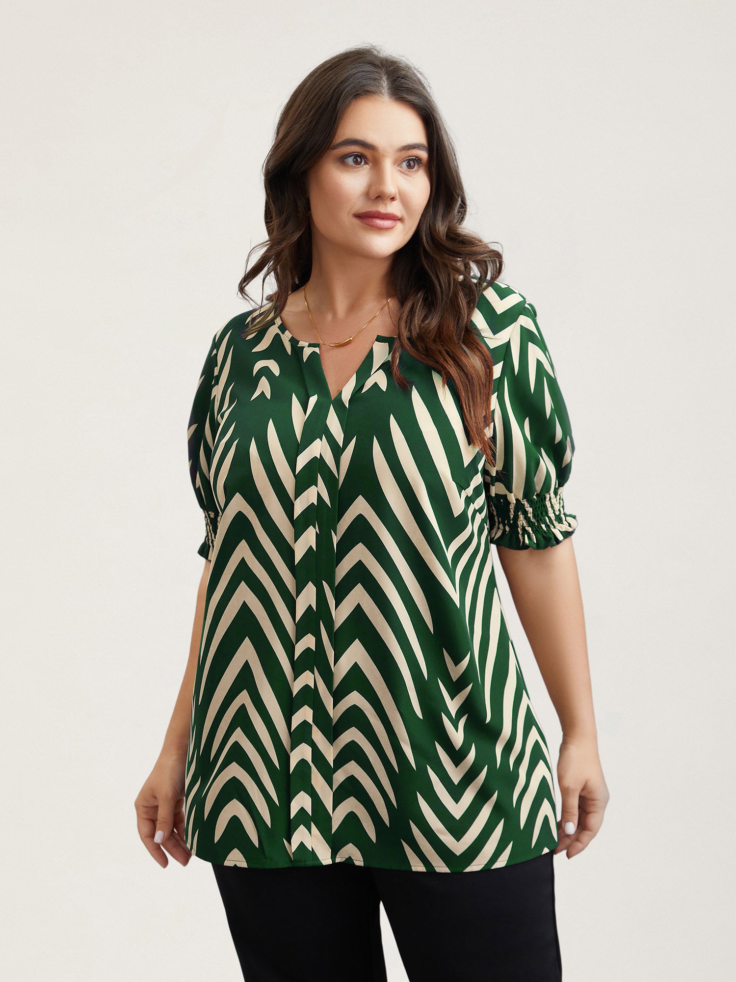 Geometric Print Ruffled Shirred Shirt-Sweetccc
