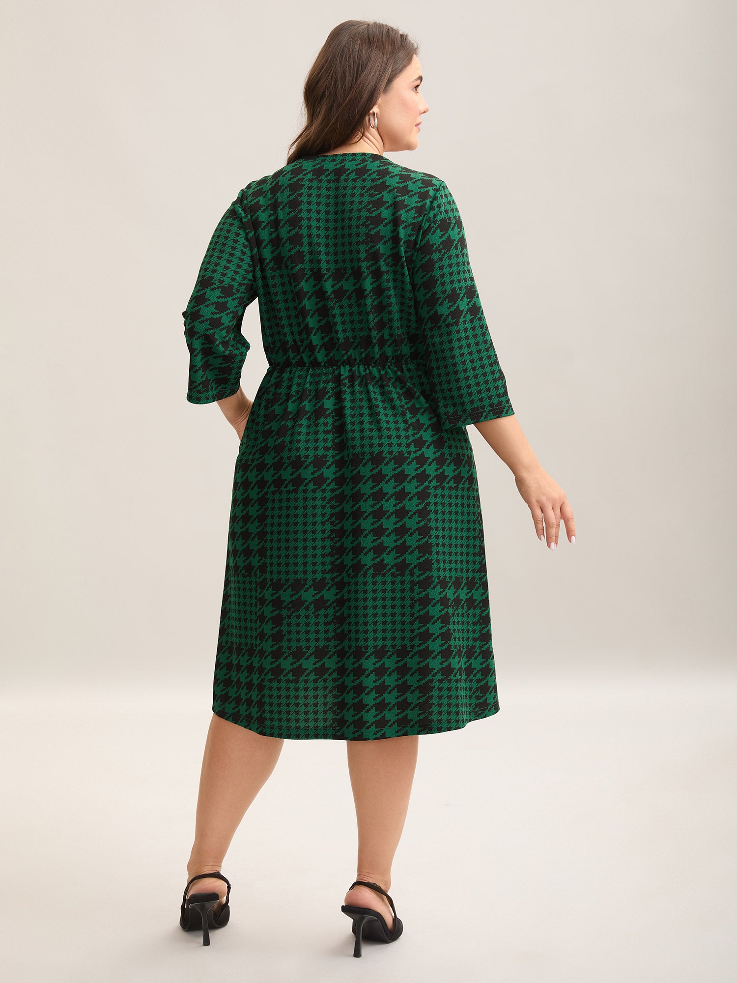 Houndstooth Print Waist-Cinched Patchwork Midi Dress-Sweetccc