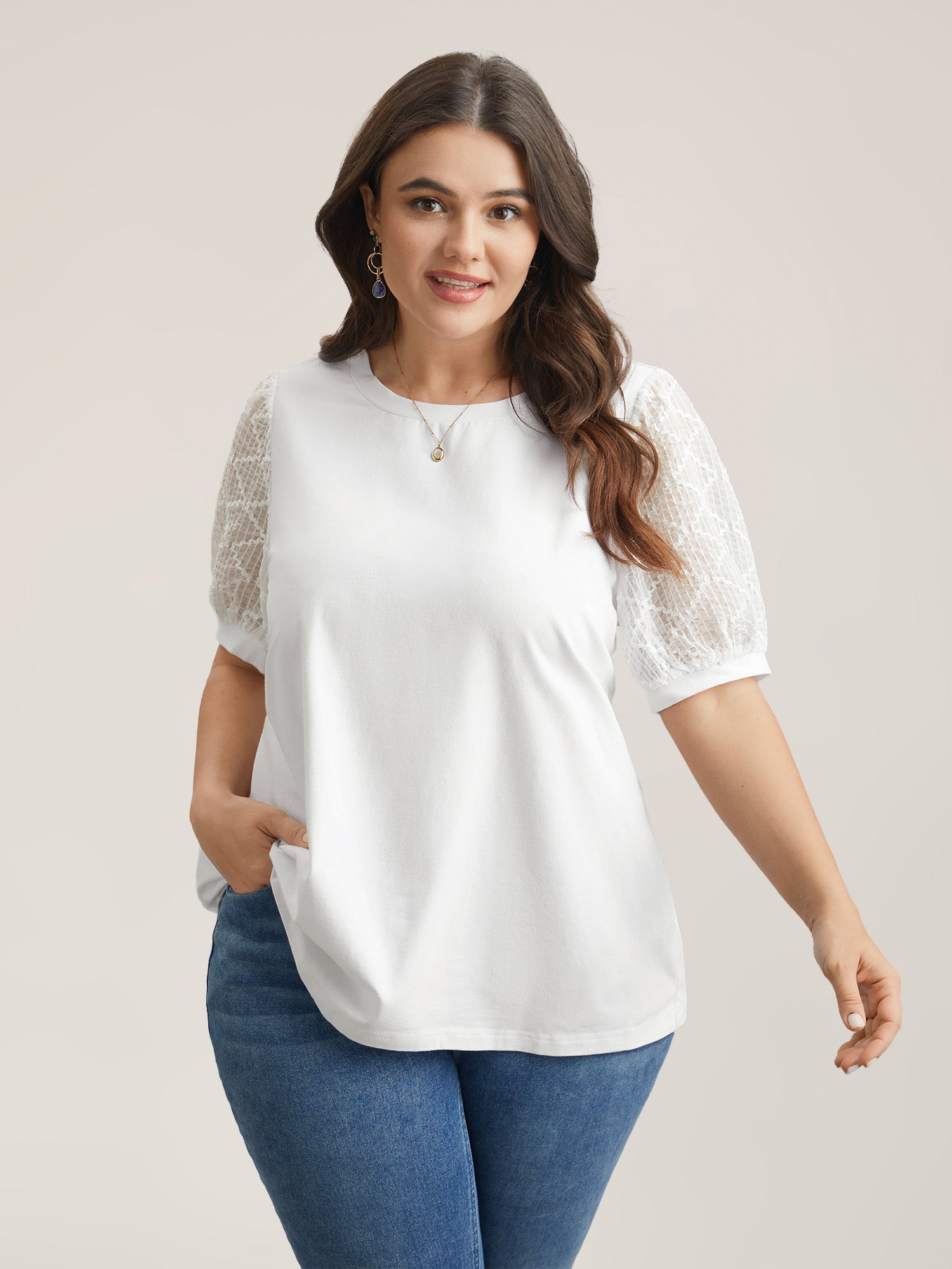 Textured Bubble Lantern Sleeve T-Shirt-Sweetccc