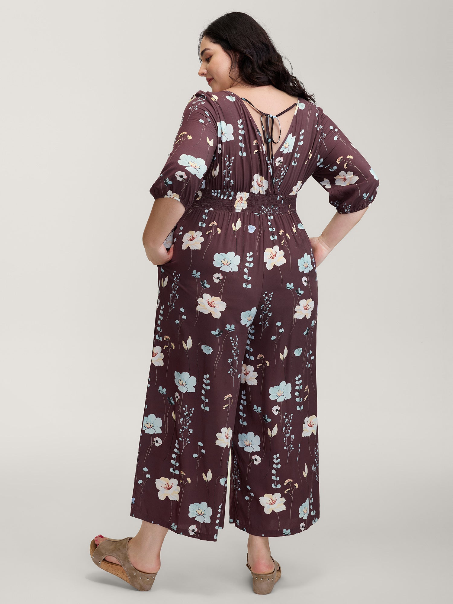 Floral Branch Print Shirred Waist Jumpsuit-Sweetccc