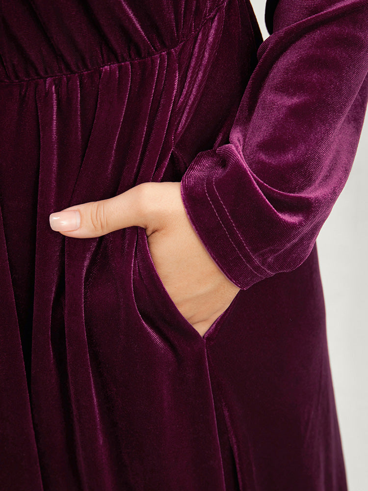 Solid Mesh Patchwork Pocket Velvet Arc Hem Dress-Sweetccc