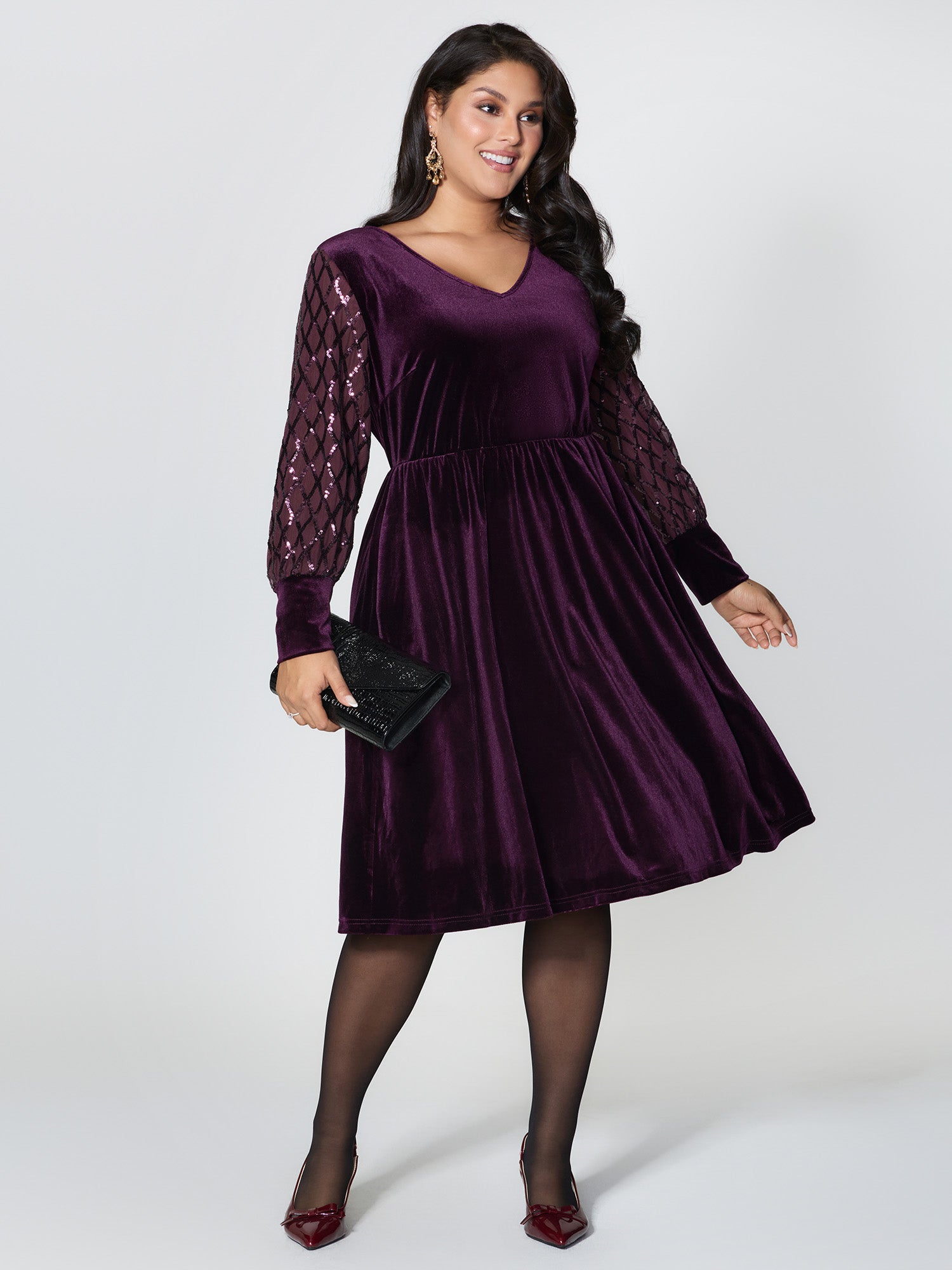 Velvet Sequin Sheer Sleeve Midi Dress-Sweetccc