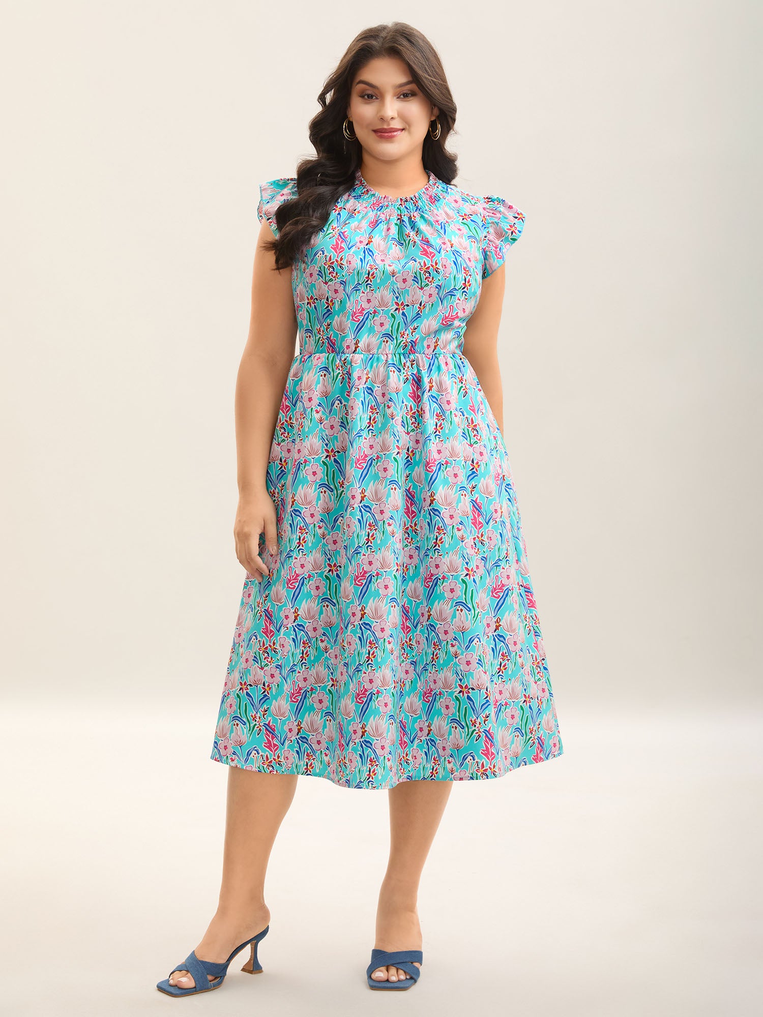 Floral Print Shirred Pockets Midi Dress-Sweetccc