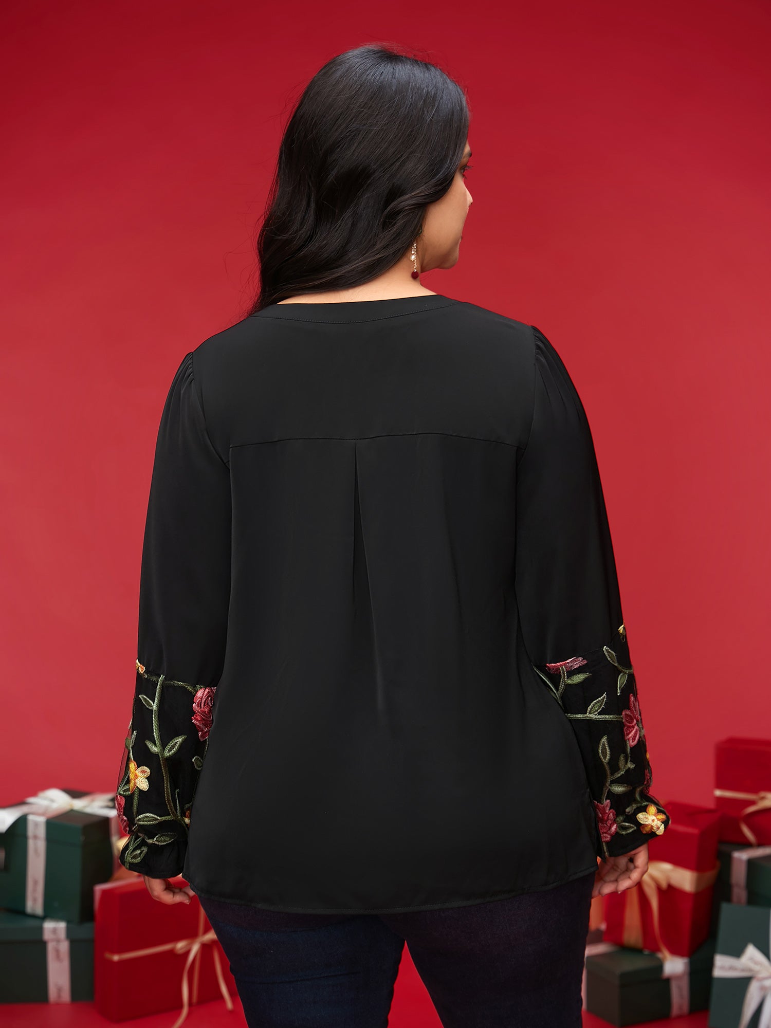 Mesh Floral Embroidered Sleeve Blouse-Sweetccc