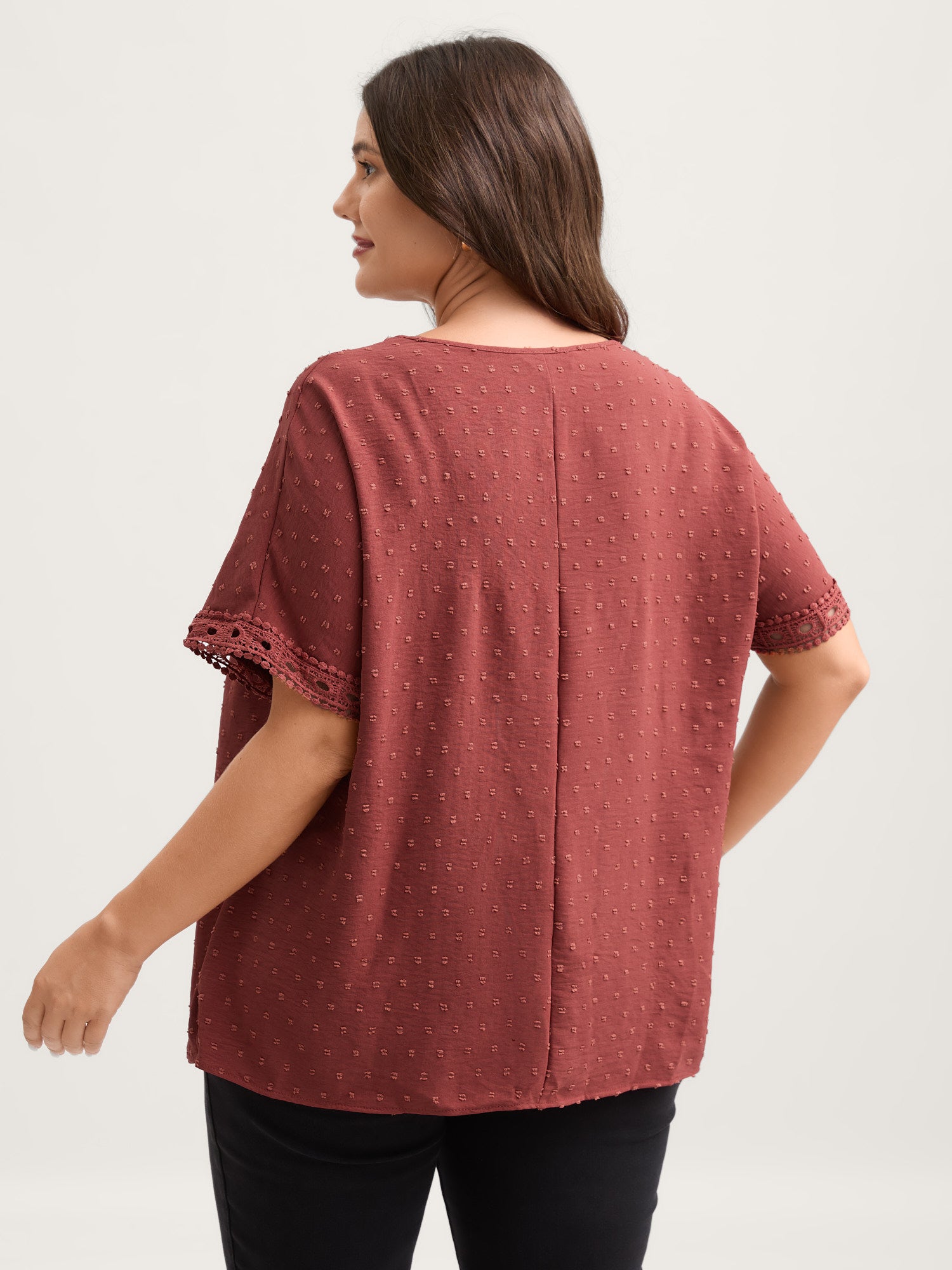 Textured Lace Trim Solid Blouse-Sweetccc