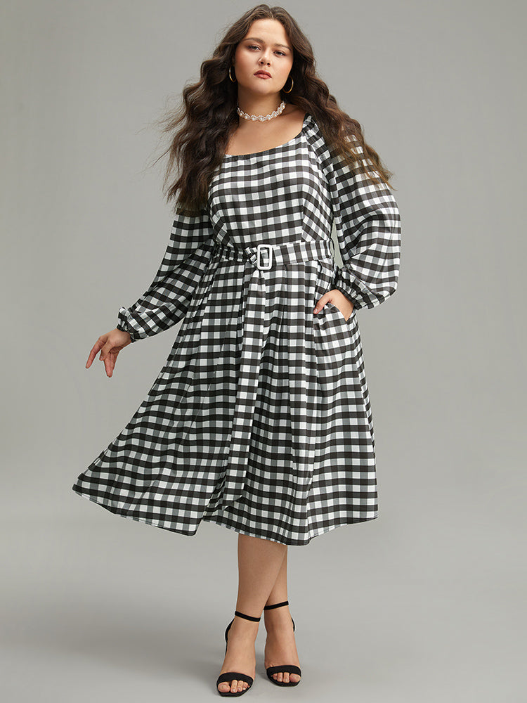 Halloween Plaid Print Belted Square Neck Lantern Sleeve Dress-Sweetccc
