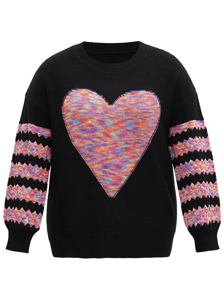 Heart Heather Patchwork Crew Neck Pullover-Sweetccc