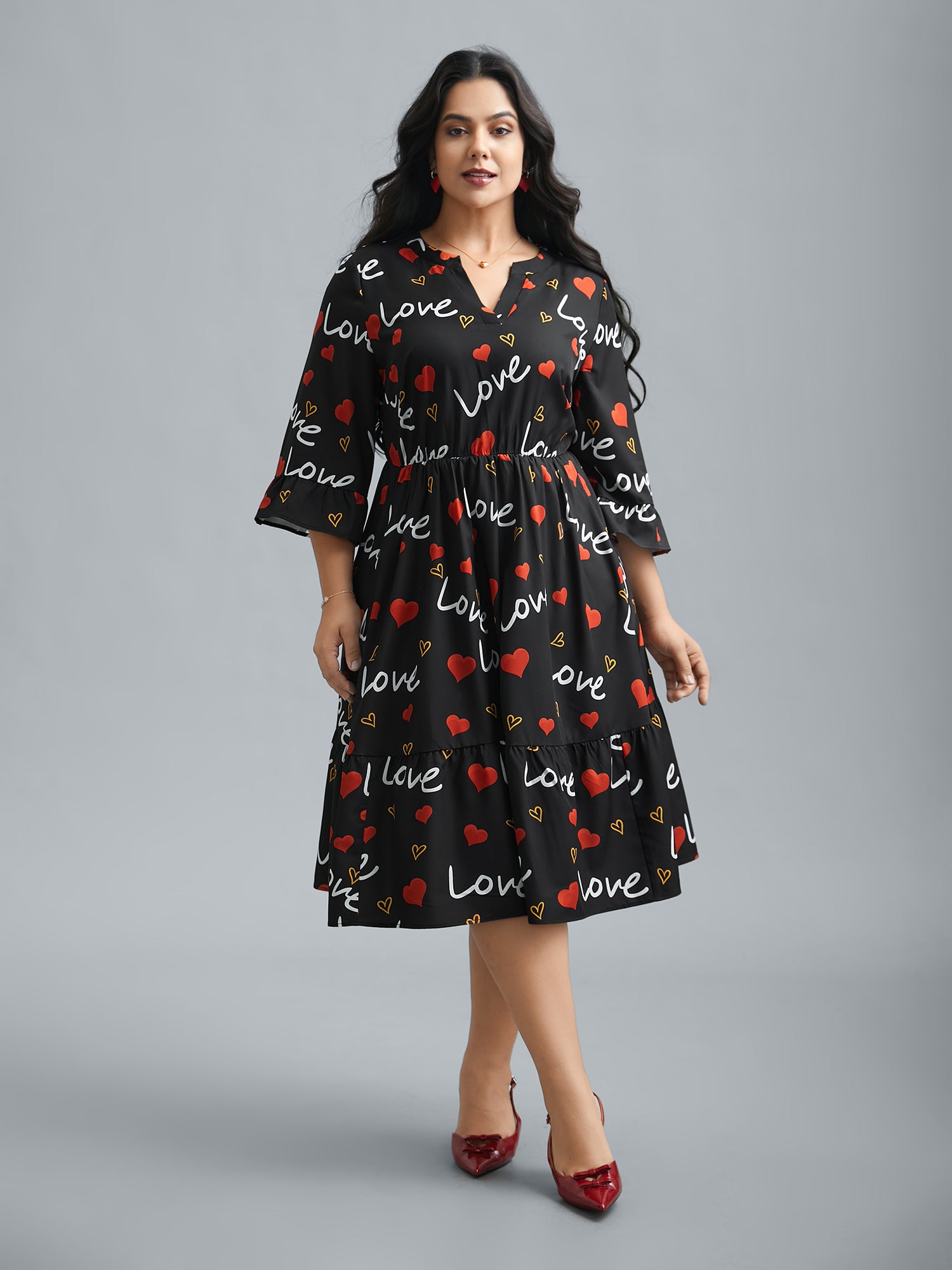 Notched Collar Heart Print Tiered Midi Dress-Sweetccc