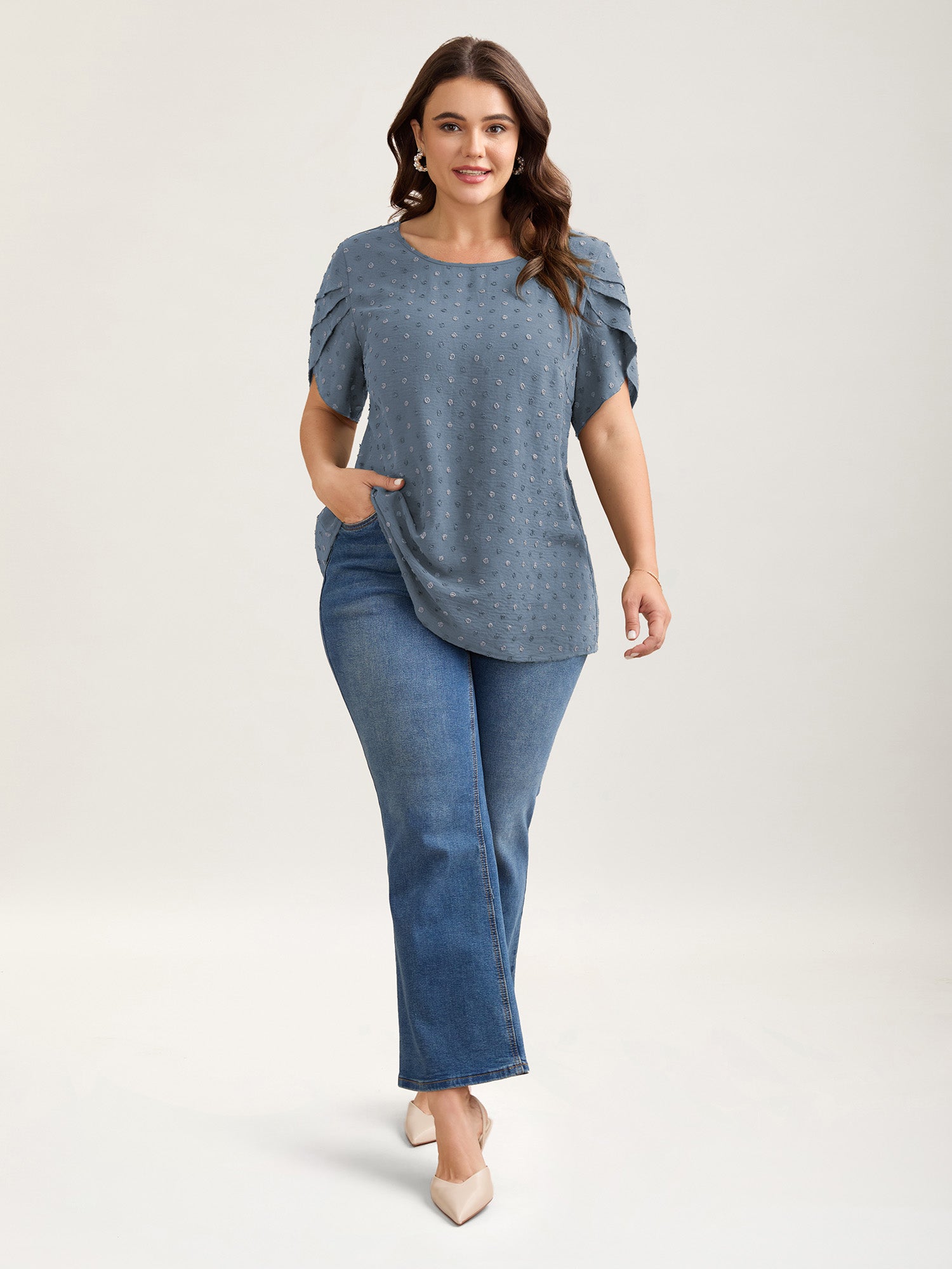 Textured Color Contrast Petal Sleeve Blouse-Sweetccc