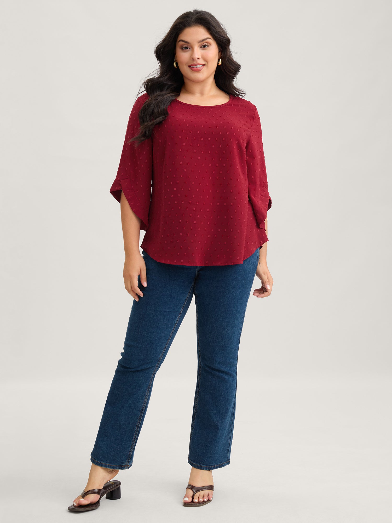 Textured Round Neck Bell Sleeve Blouse-Sweetccc
