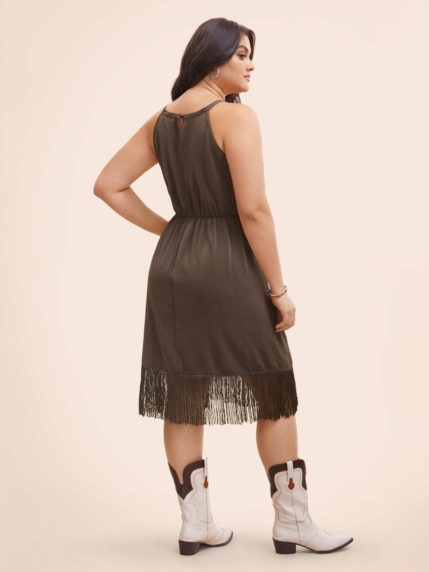 Fringed Hem Elastic Waist Midi Dress-Sweetccc