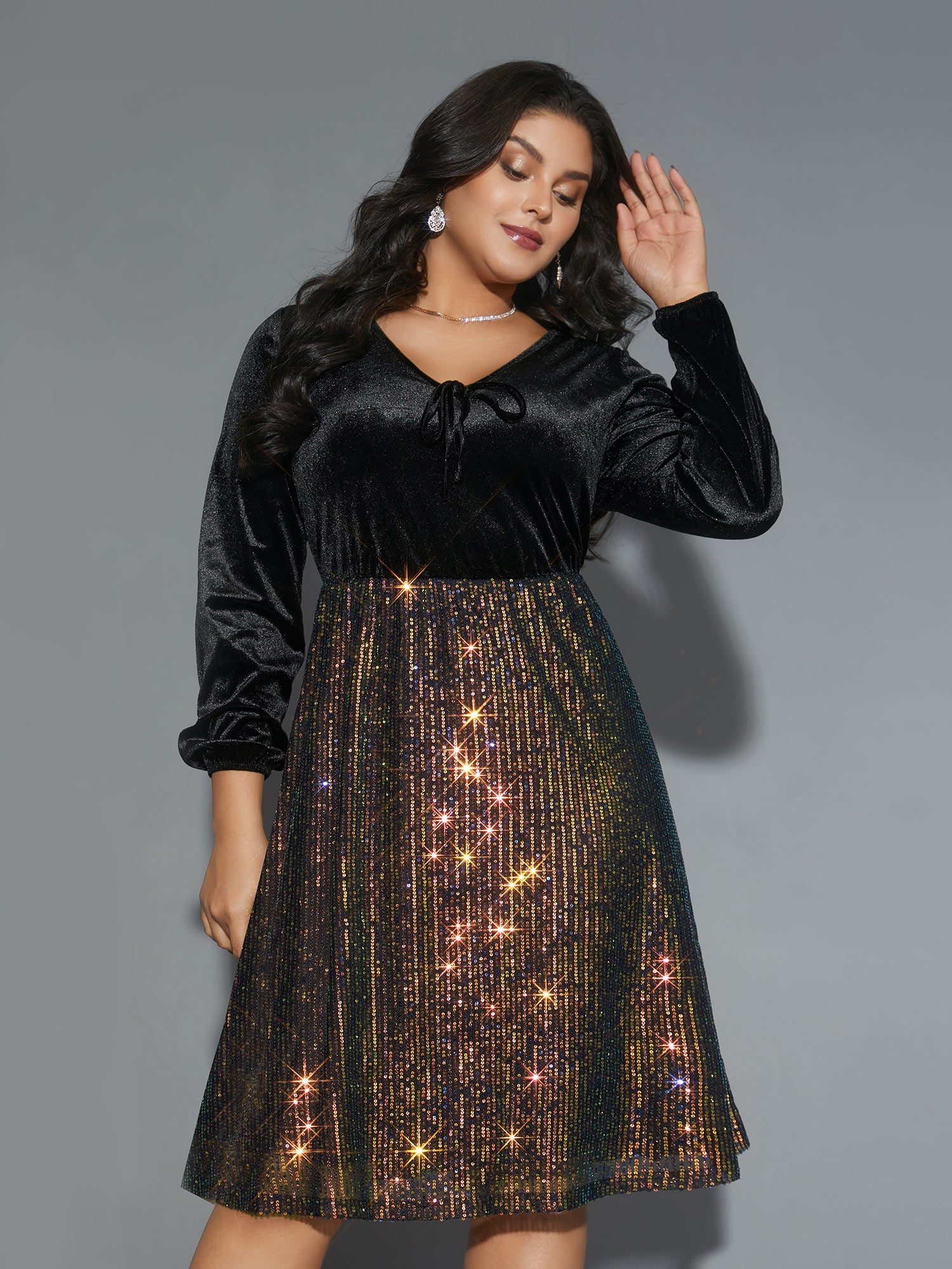 Velvet Sequin Patchwork Tie Knot Dress-Sweetccc