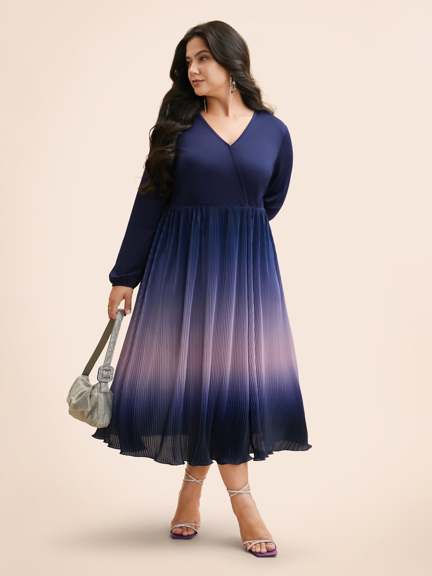 Overlap Collar Ombre Patchwork Pleated Dress-Sweetccc