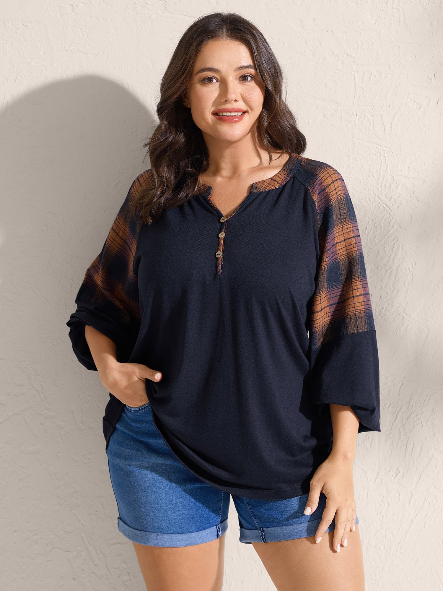 Stretchy Plaid Sleeve Split Neck T-Shirt-Sweetccc
