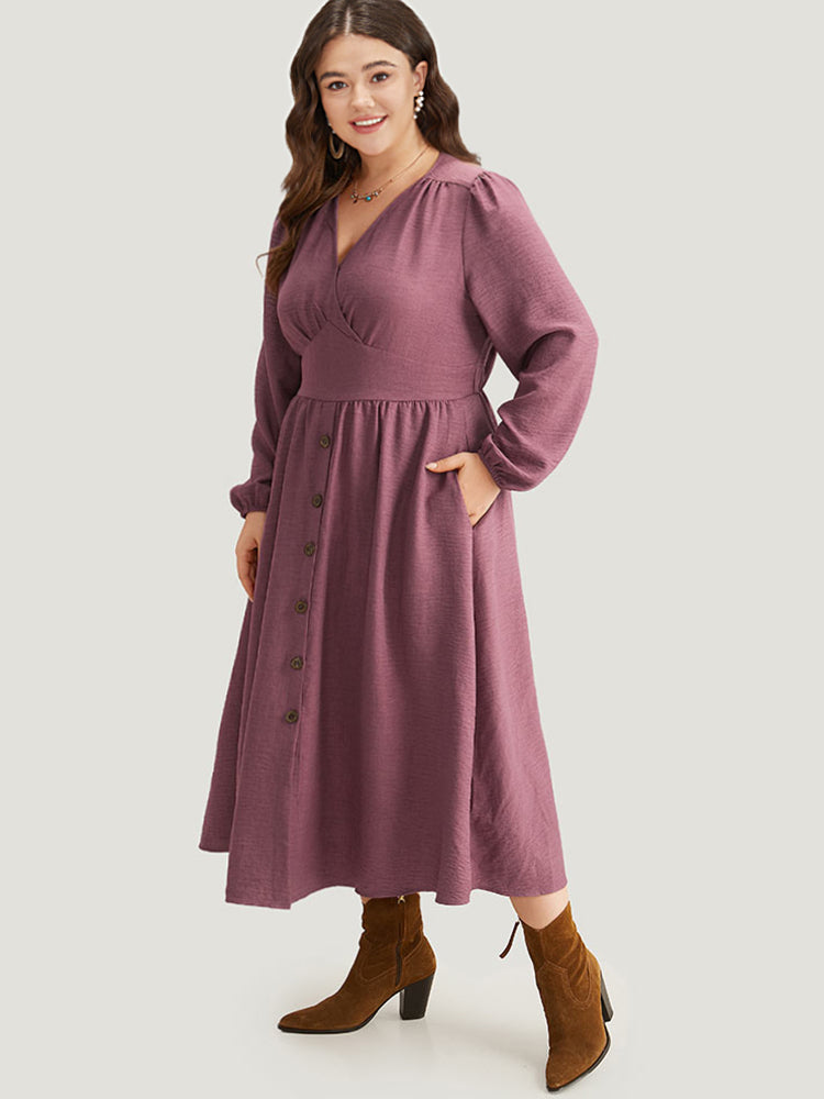 Twill Gathered Button Detail Lantern Sleeve Dress-Sweetccc