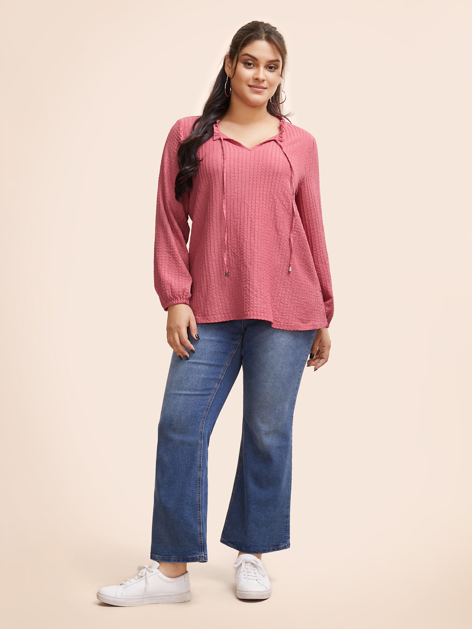 Textured Tie Knot Lantern Sleeve T-shirt-Sweetccc