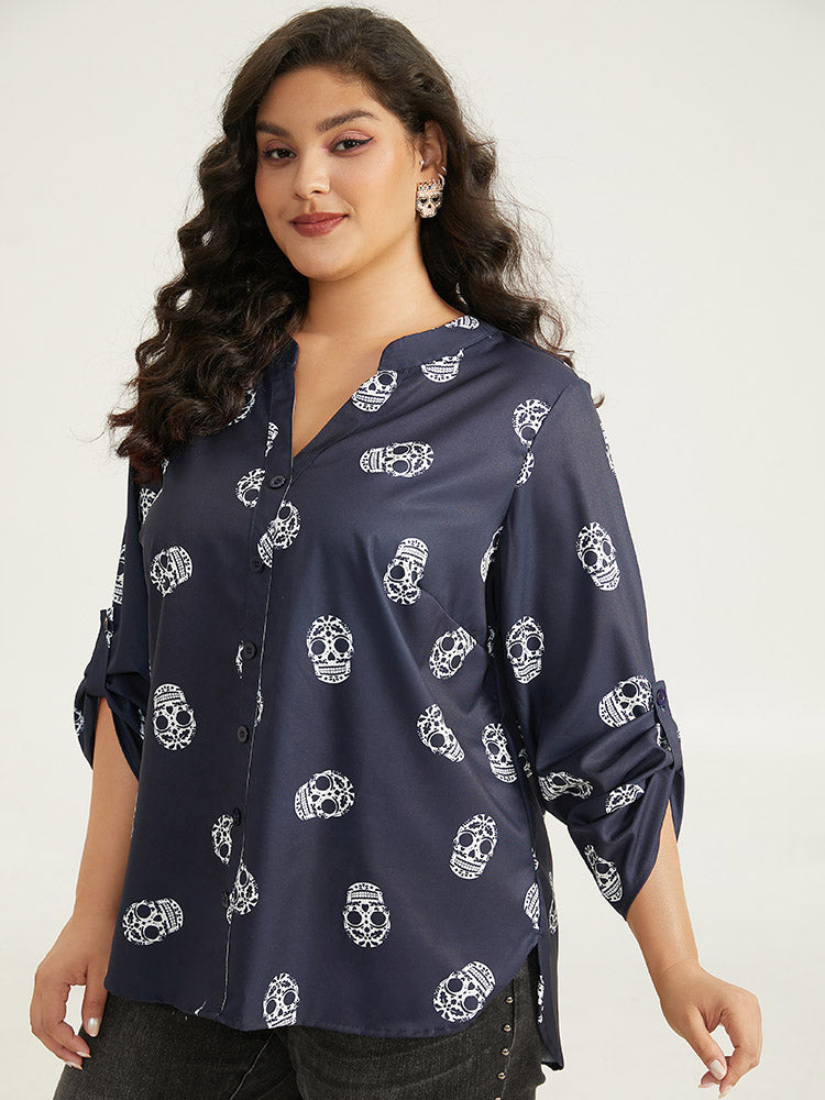 Halloween Skull Print Notched Tab Sleeve Blouse-Sweetccc