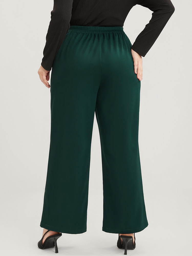 Solid O Ring Zipper Pocket Elastic Waist Wide Leg Pants-Sweetccc