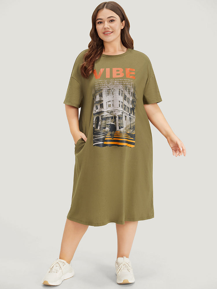 Letter & Graphic Print Pocket Crew Neck Dress-Sweetccc