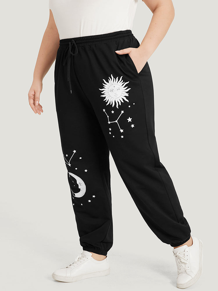 Moon and Star Print Pocket Drawstring Sweatpants-Sweetccc