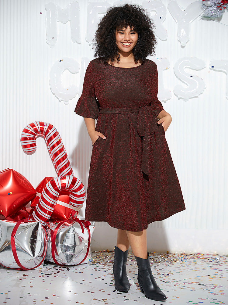 Lurex Belted Flutter Sleeve Dress-Sweetccc