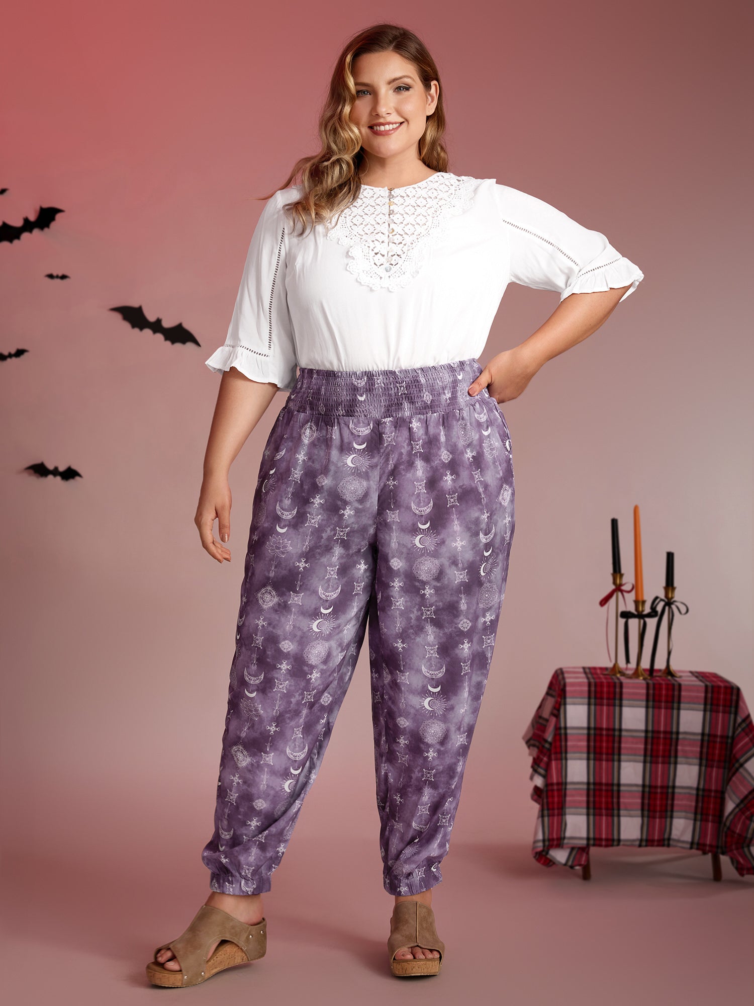 Starry Print Shirred Wide Waistband Pants-Sweetccc