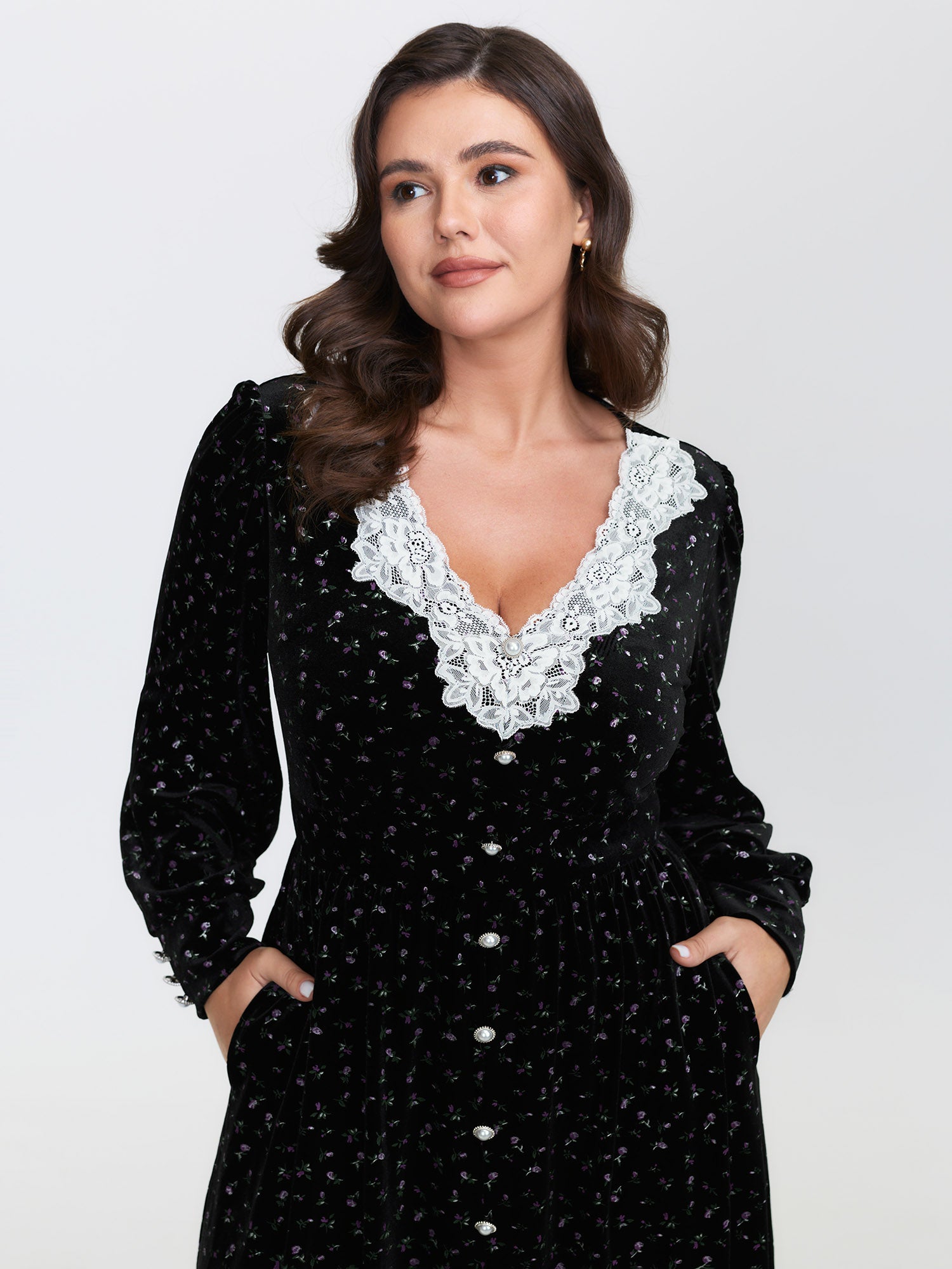 Velvet Print Lace Neckline Midi Dress-Sweetccc