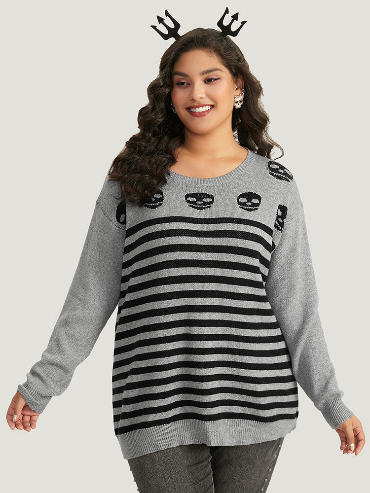 Halloween Supersoft Essentials Skull Print Striped Round Neck Pullover-Sweetccc