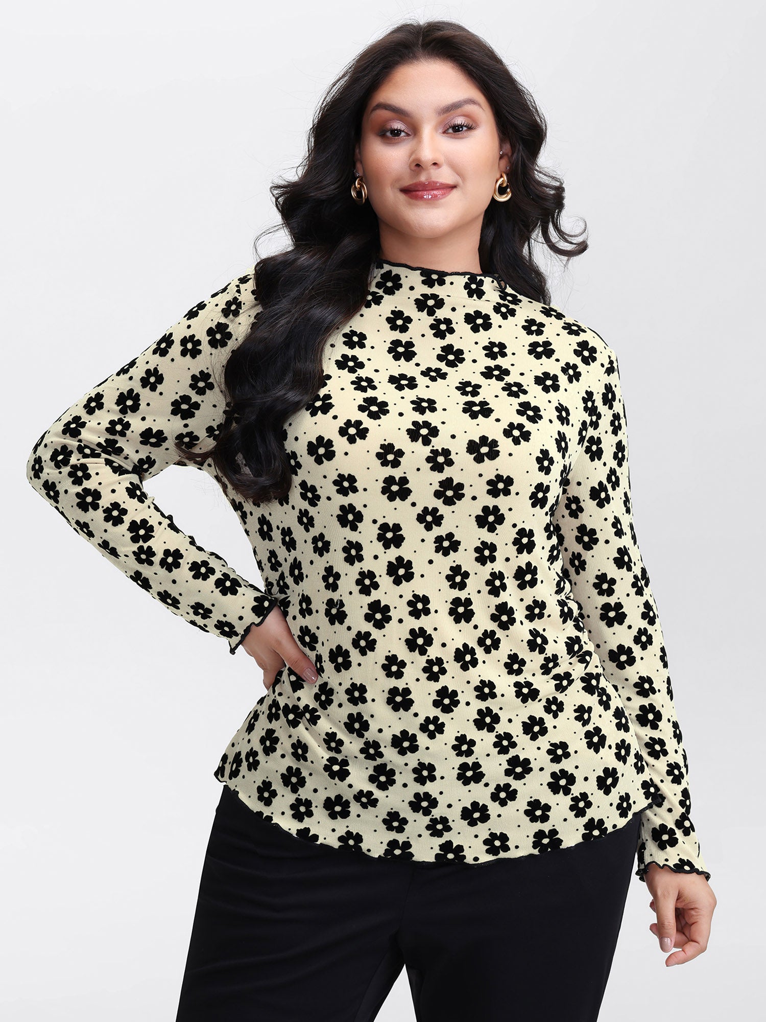 Floral Print Stretchy Mock Neck T-Shirt-Sweetccc