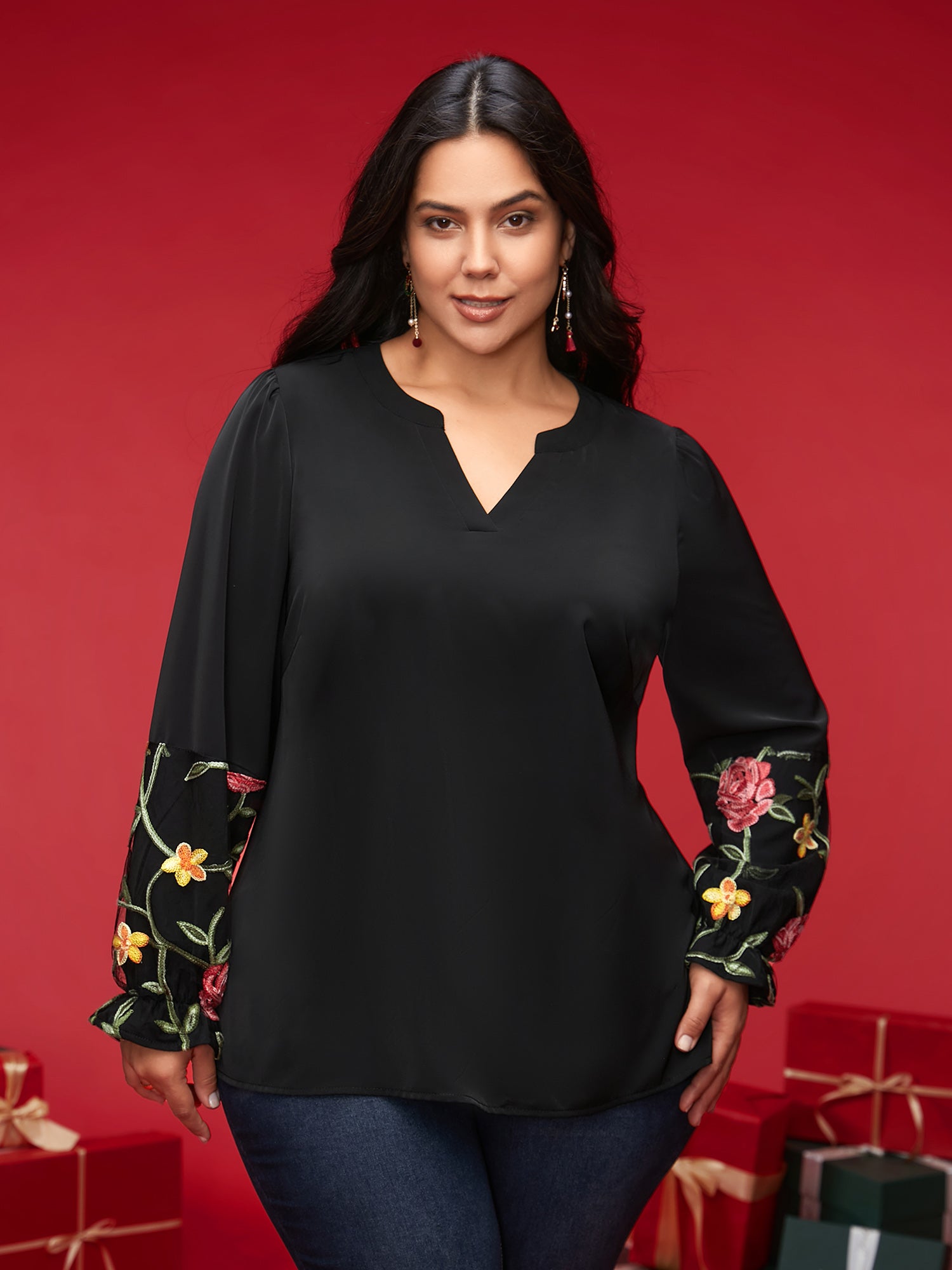 Mesh Floral Embroidered Sleeve Blouse-Sweetccc