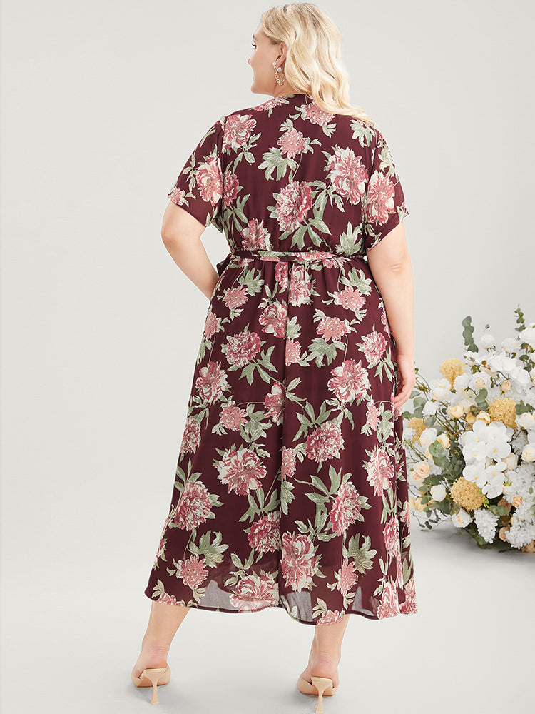 Floral Print Belted Surplice Neck Flutter Pocket Maxi Dress-Sweetccc