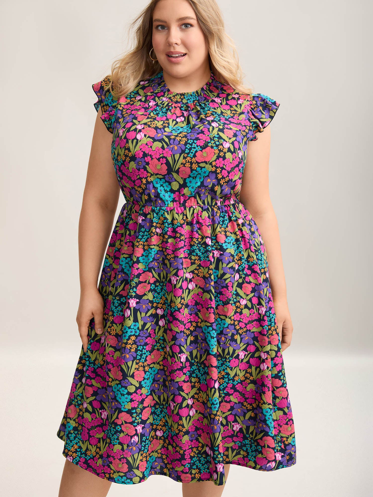 Floral Print Shirred Pockets Midi Dress-Sweetccc