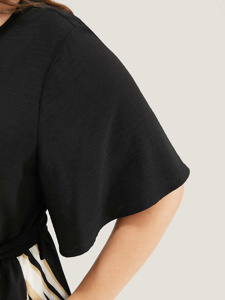 Striped Patchwork Ruffle Sleeve Pocket Belted Keyhole Dress-Sweetccc