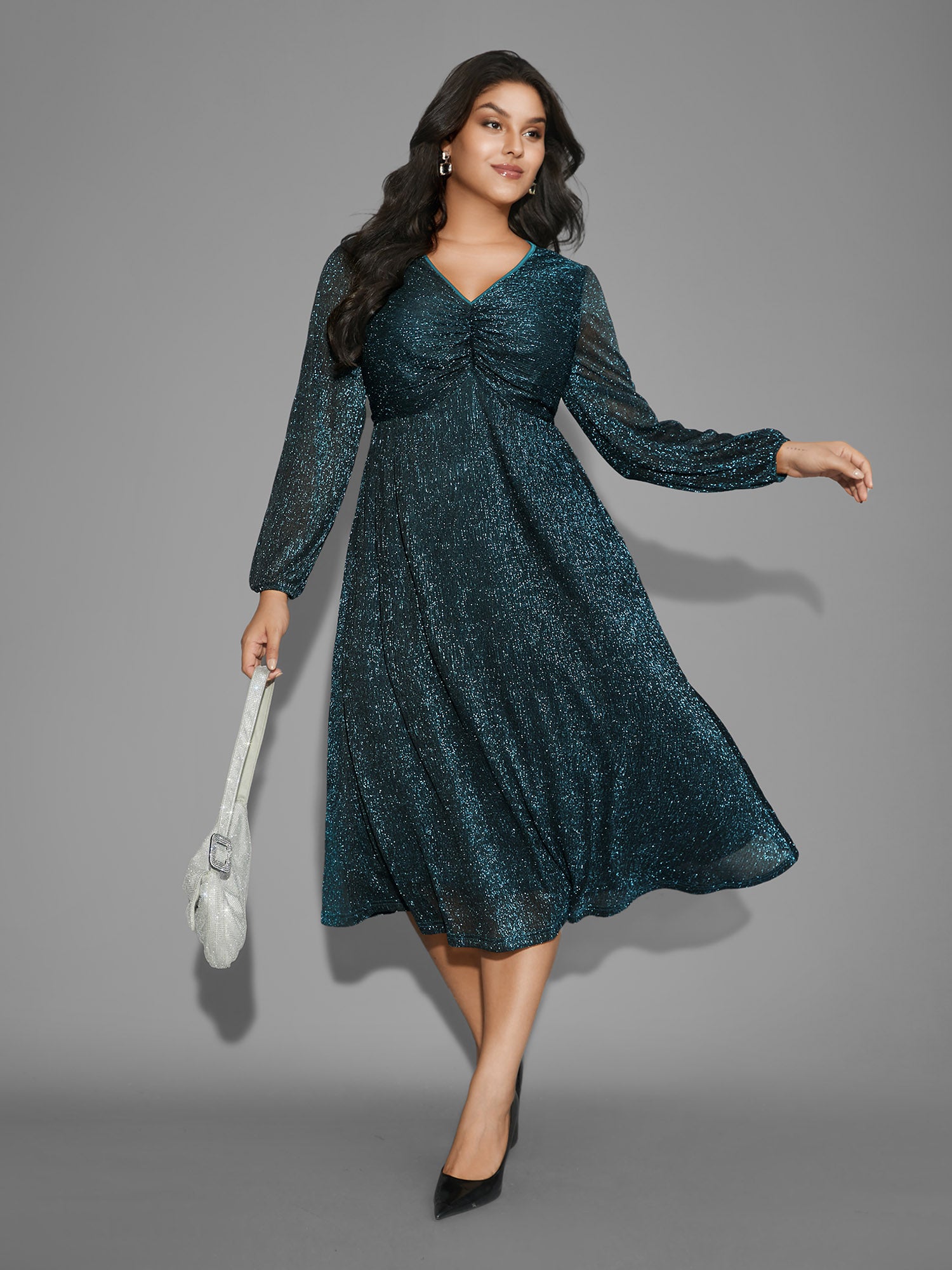 Luxe V Neck Ruched Mesh Dress-Sweetccc