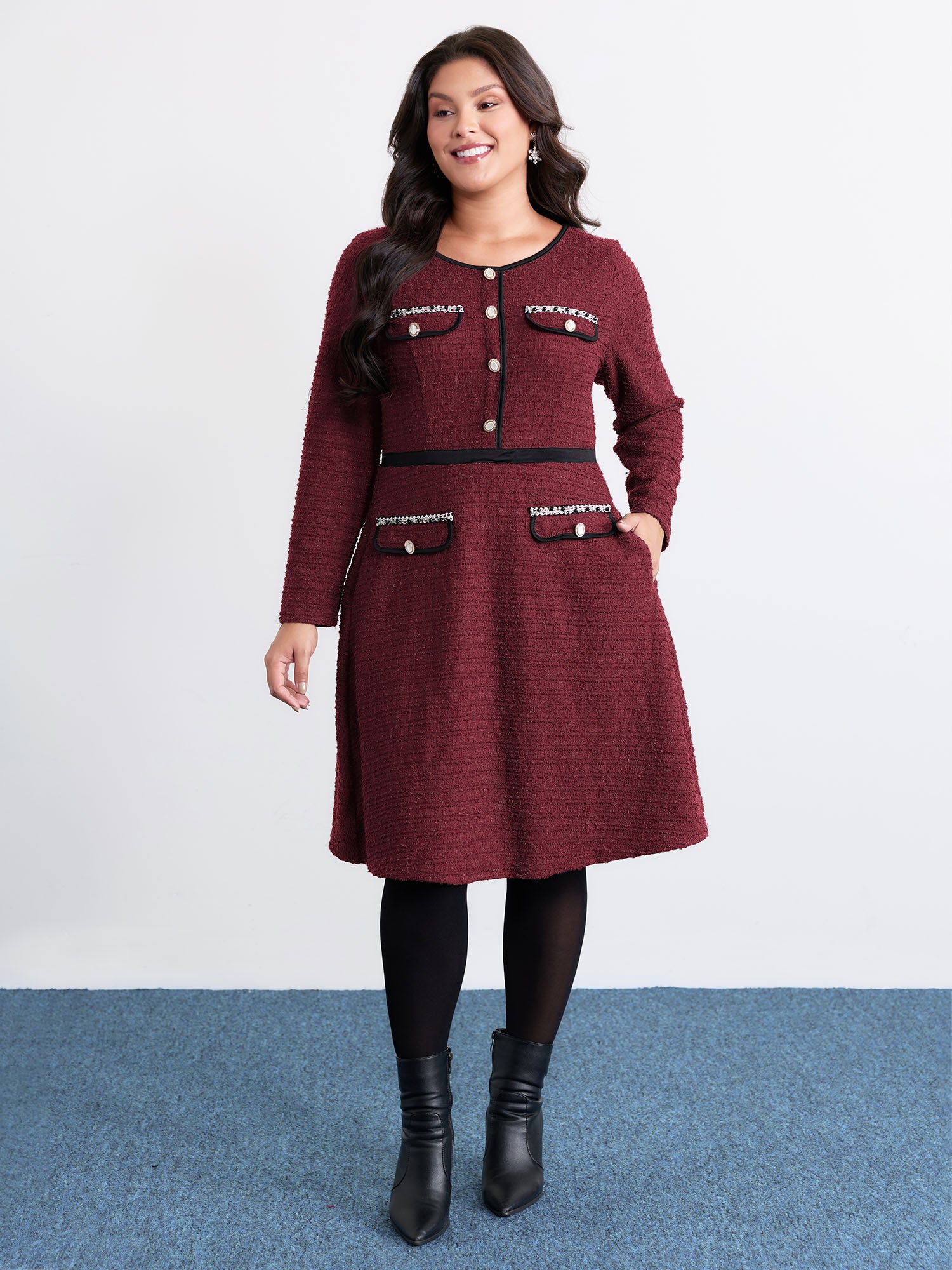 Tweed Stretchy Waist Color Contrast Midi Dress-Sweetccc