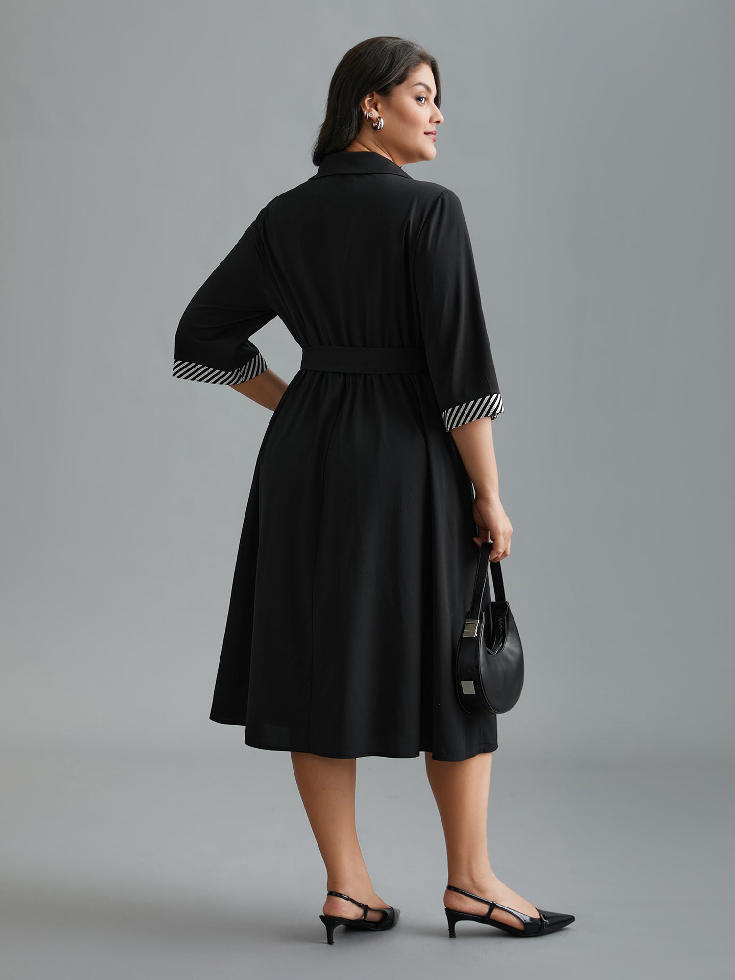 Tab Sleeve Striped Belted Shirt Dress-Sweetccc