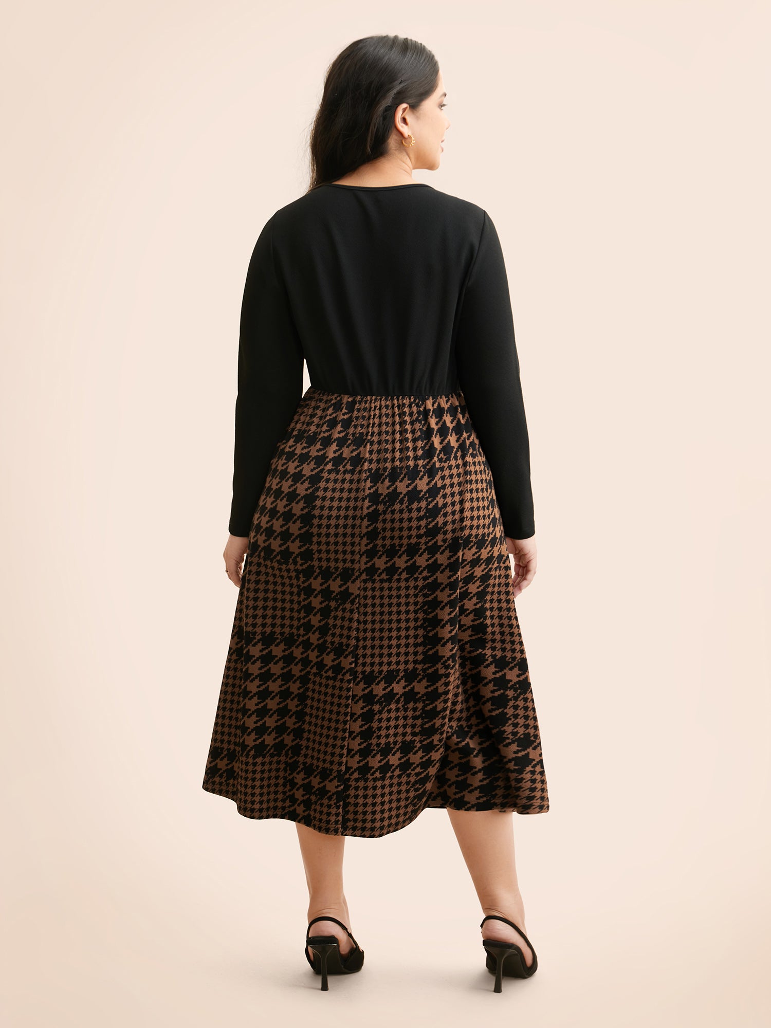 Houndstooth Patchwork Cut Out Midi Dress-Sweetccc