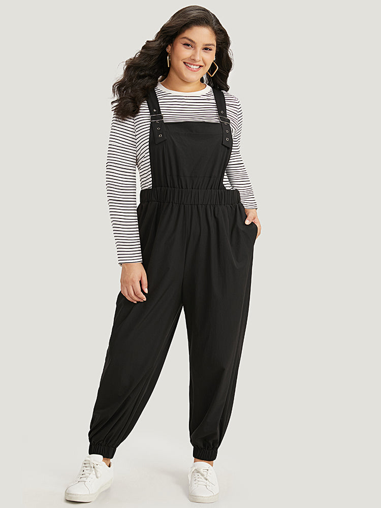 Solid Pocket Back Crisscross Elastic Waist Jumpsuit-Sweetccc