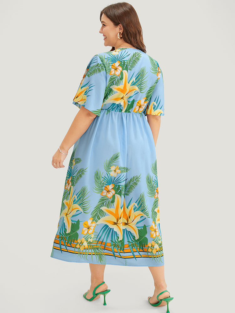 Tropical Print Ruffle Sleeve Wrap Pocket Midi Dress-Sweetccc