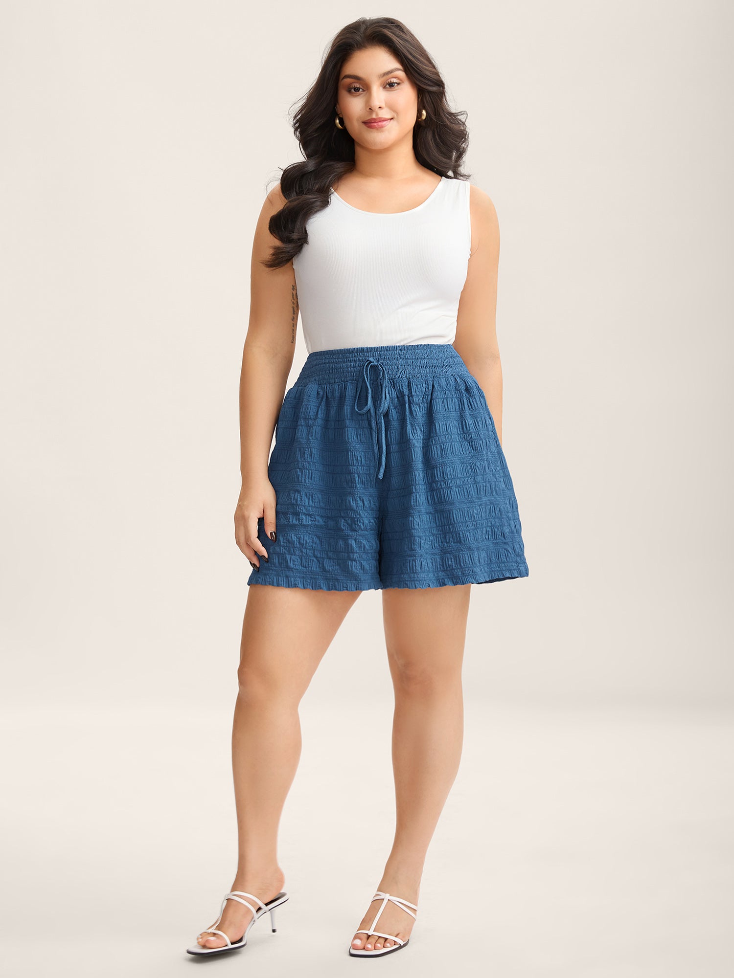 Textured Shirred Waist Tie Shorts-Sweetccc