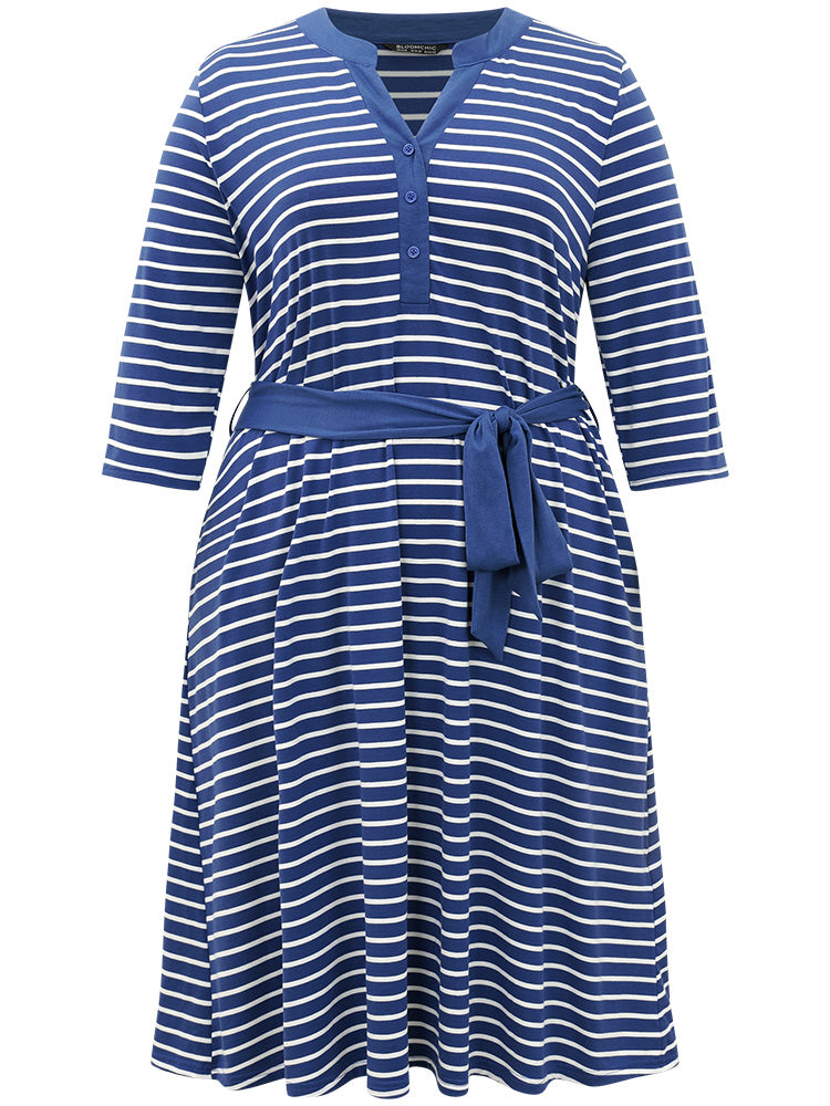 Striped Belted Notched Dress-Sweetccc