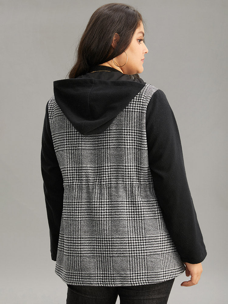 Houndstooth Patchwork Zipper Drawstring Coat-Sweetccc