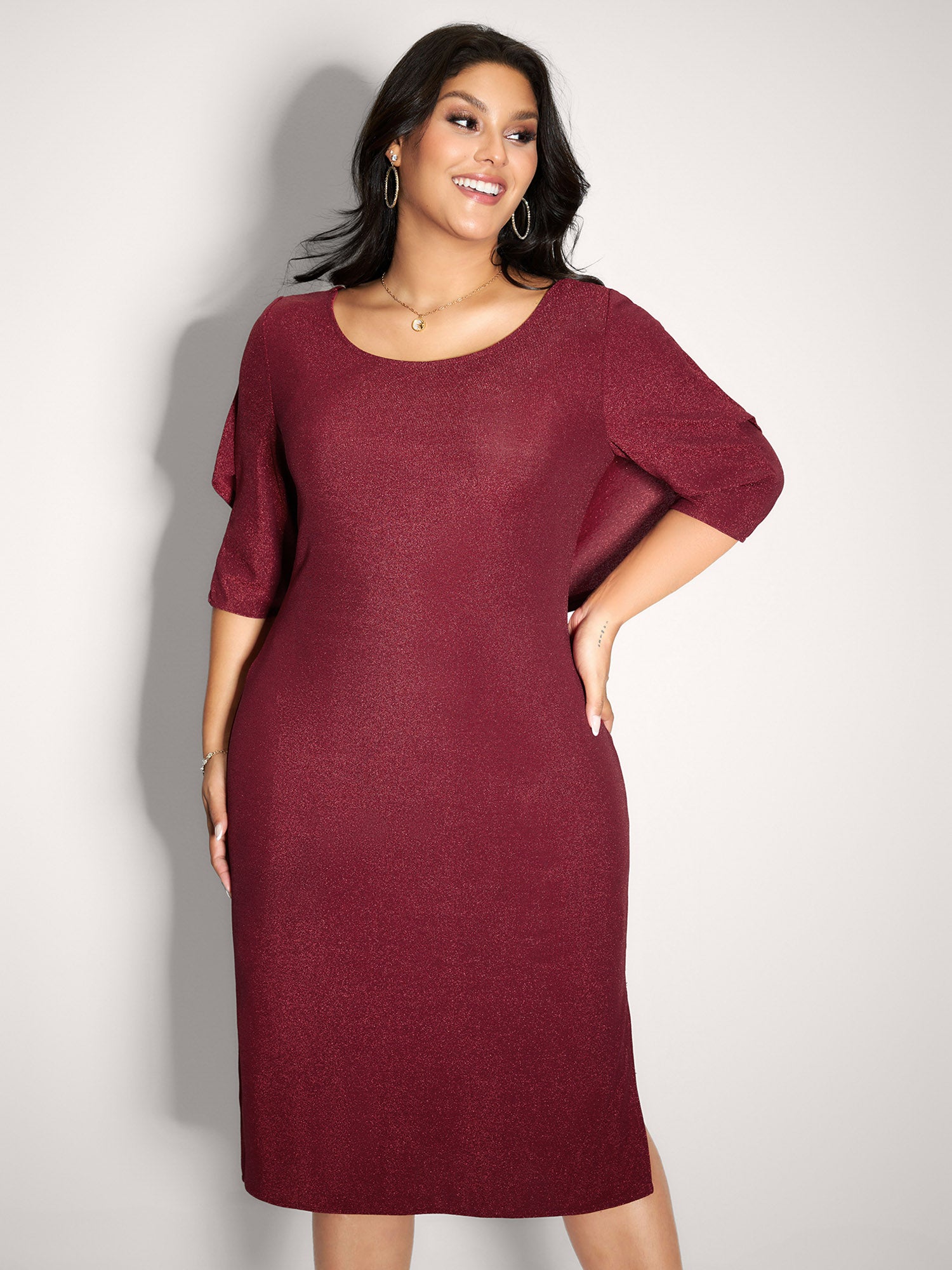 Lurex Drape Back Lace Trim Midi Dress-Sweetccc