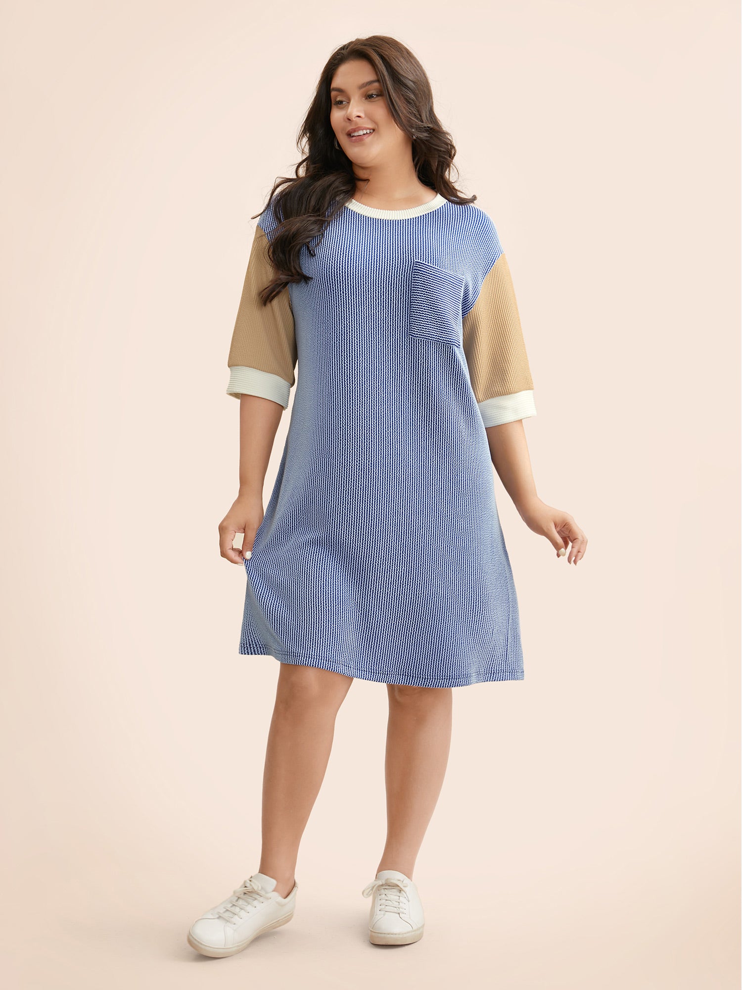 Texture Contrast Patchwork Patched Pocket Dress-Sweetccc