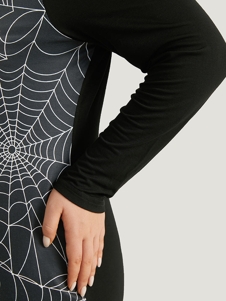 Halloween Spider Web Patchwork Crew Neck Dress-Sweetccc