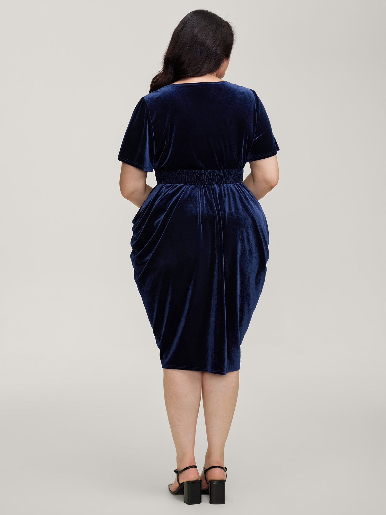 Velvet Shirred Waist Asymmetrical Hem Midi Dress-Sweetccc